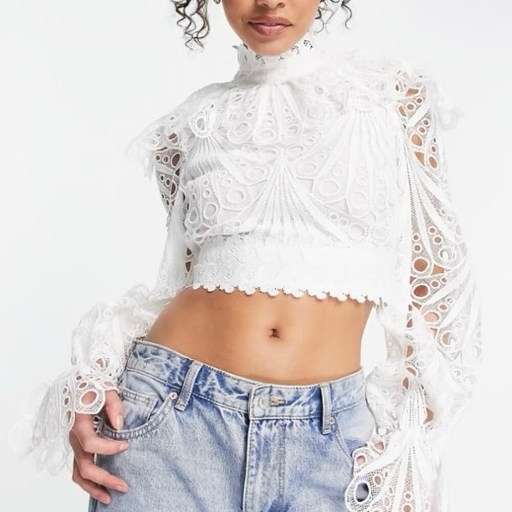 ASOS LUXE Backless Eyelet Ruffle Neck Top Sizes 0 White Lace Long Sleeve - Picture 2 of 13